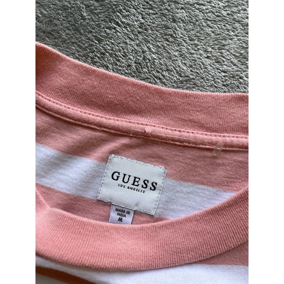 Guess TShirt Mens Medium Pink White Striped Embroidered Logo Short Sleeved Crew - Picture 8 of 13